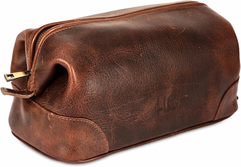 HLC Leather Toiletry Bag for Men Best Gift Premium Genuine Dopp Kit Shaving Kit Organizer Travel Kit Pouch Bag 10 inch Size (Brown) - Image 1